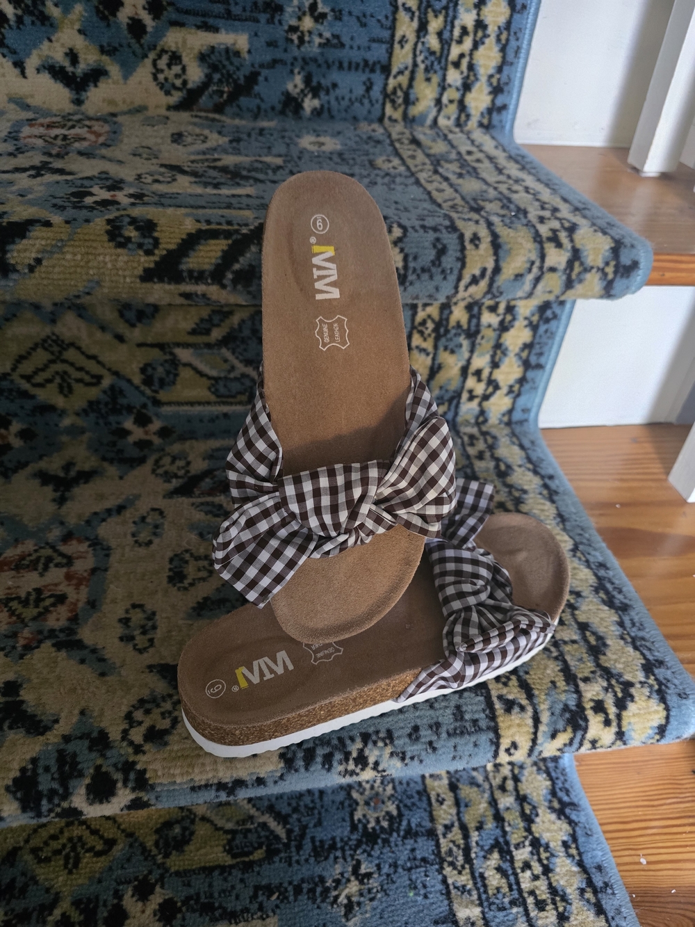Gingham Bow Slide Sandals — Brown/White Check